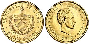 1916. Cuba. 5 pesos. (Fr. 4) (Kr. 19). 8,34 ... 