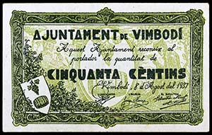 Vimbodí. 25, 50 céntimos y 1 peseta. (T. ... 