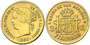 1866. Isabel II. Manila. 2 pesos. (Cal. ... 