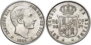 1884. Alfonso XII. Manila. 20 centavos. ... 