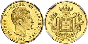 1860. Portugal. Pedro V. 5000 reis. (Fr. ... 