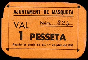 Masquefa. 1 peseta. (T. 1688). Cartón nº ... 