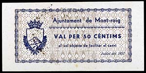 Mont-roig. 25, 50 céntimos y 1 peseta. (T. ... 