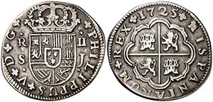1725. Felipe V. Sevilla. J. 2 reales. (Cal. ... 