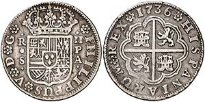 1736. Felipe V. Sevilla. PA. 2 reales. (Cal. ... 