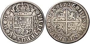 1736. Felipe V. Sevilla. AP. 2 reales. (Cal. ... 