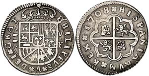 1708. Felipe V. Valencia. F. 2 reales. (Cal. ... 