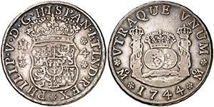 1744. Felipe V. M‚xico. MF. 4 reales. ... 