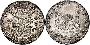 1736. Felipe V. M‚xico. MF. 8 reales. ... 