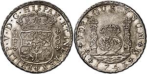 1743. Felipe V. M‚xico. MF. 8 reales. ... 