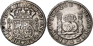 1744. Felipe V. M‚xico. MF. 8 reales. ... 