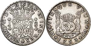 1753. Fernando VI. Lima. J. 8 reales. (Cal. ... 