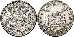 1755. Fernando VI. M‚xico. MM. 8 reales. ... 