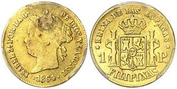 1864. Isabel II. Manila. 1 peso. (Cal. 146). ... 