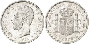 1871*1875. Amadeo I. DEM. 5 pesetas. (Cal. ... 