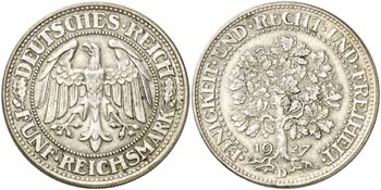 1927. Alemania. D (Múnich). 5 marcos. (Kr. ... 