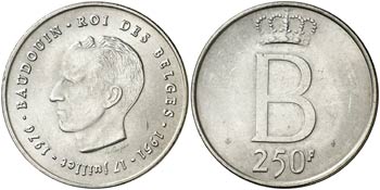 1976. Bélgica. Balduino I. 250 francos. ... 