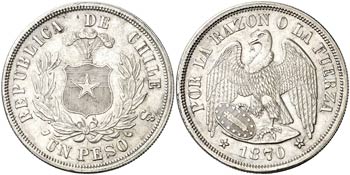 1870. Chile. Santiago. 1 peso. (Kr. 142.1). ... 