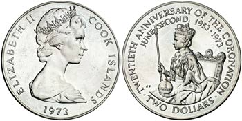 1973. Islas Cook. Isabel II. 2 dólares. ... 
