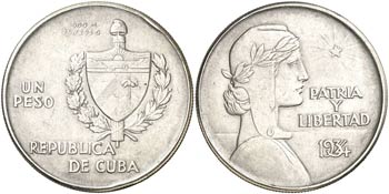 1934. Cuba. 1 peso. (Kr. 22). 26,60 g. AG. ... 