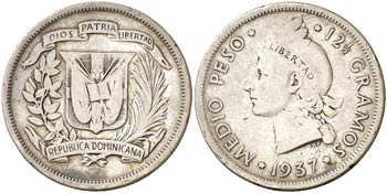 1937. República Dominicana. 1/2 peso. (Kr. ... 