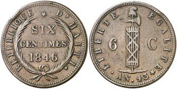 1846 (An 43). Haití. 6 céntimos. (Kr. 28). ... 