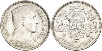 1931. Letonia. 5 lati. (Kr. 9). 24,96 g. AG. ... 