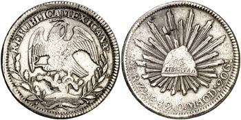 1842. México. Zs (Zacatecas). OM. 8 reales. ... 