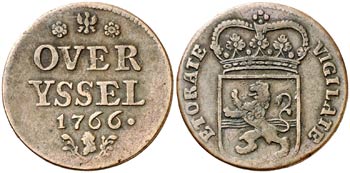 1766. Países Bajos. Overyssel. 1 duit. (Kr. ... 