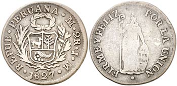 1827. Perú. Lima. JM. 2 reales. (Kr. ... 