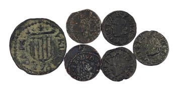 Lote de 6 monedas de cobre de Felipe III y ... 