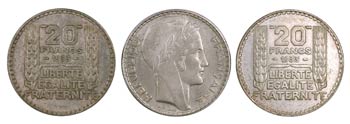 1933. Francia. 20 francos. Lote de 3 monedas ... 
