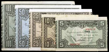1937. Banco de Bilbao. 5, 10, 25, 50 y 100 ... 