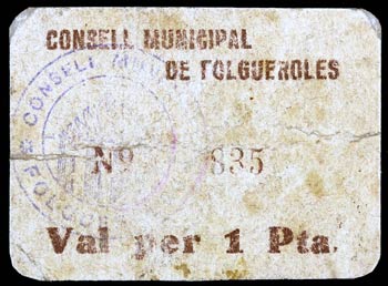 Folgueroles. 1 peseta. (T. 1203). Cartón. ... 