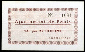 Paüls dels Ports. 25 céntimos. (T. 2079a). ... 