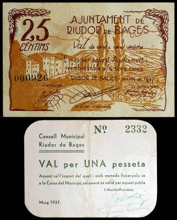 Riudor de Bages. 25 céntimos y 1 peseta. ... 