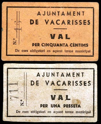 Vacarisses. 50 céntimos y 1 peseta. (T. ... 