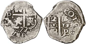 1672/1. Carlos II. Potosí. E. 2 reales. ... 
