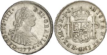 1794. Carlos IV. Lima. IJ. 2 reales. (Cal. ... 