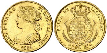 1858. Isabel II. Barcelona. 100 reales. ... 