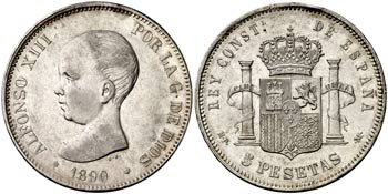 1890*-890. Alfonso XIII. MPM. 5 pesetas. ... 