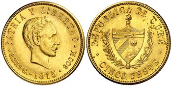 1915. Cuba. 5 pesos. (Fr. 4) (Kr. 19). 8,35 ... 