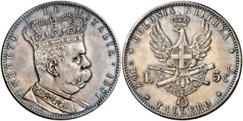 1891. Eritrea. Humberto I. 5 liras. (Kr. 4). ... 