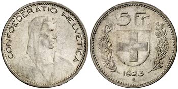 1923. Suiza. 5 francos. (Kr. 37). 24,94 g. ... 
