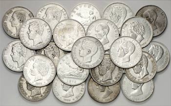 1870 a 1898. 5 pesetas. Lote de 60 monedas. ... 
