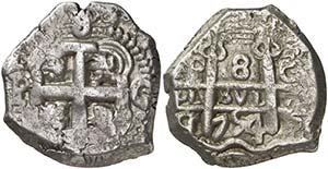 1754. Fernando VI. Potosí. C y q. 8 reales. ... 