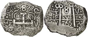 1765. Carlos III. Potosí. V e Y. 8 reales. ... 