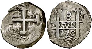 1770. Carlos III. Potosí. V y J. 8 reales. ... 