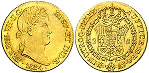 1824. Fernando VII. Madrid. AJ. 2 escudos. ... 