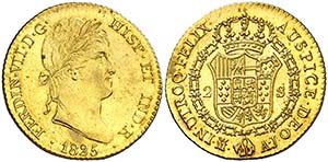 1825. Fernando VII. Madrid. AJ. 2 escudos. ... 